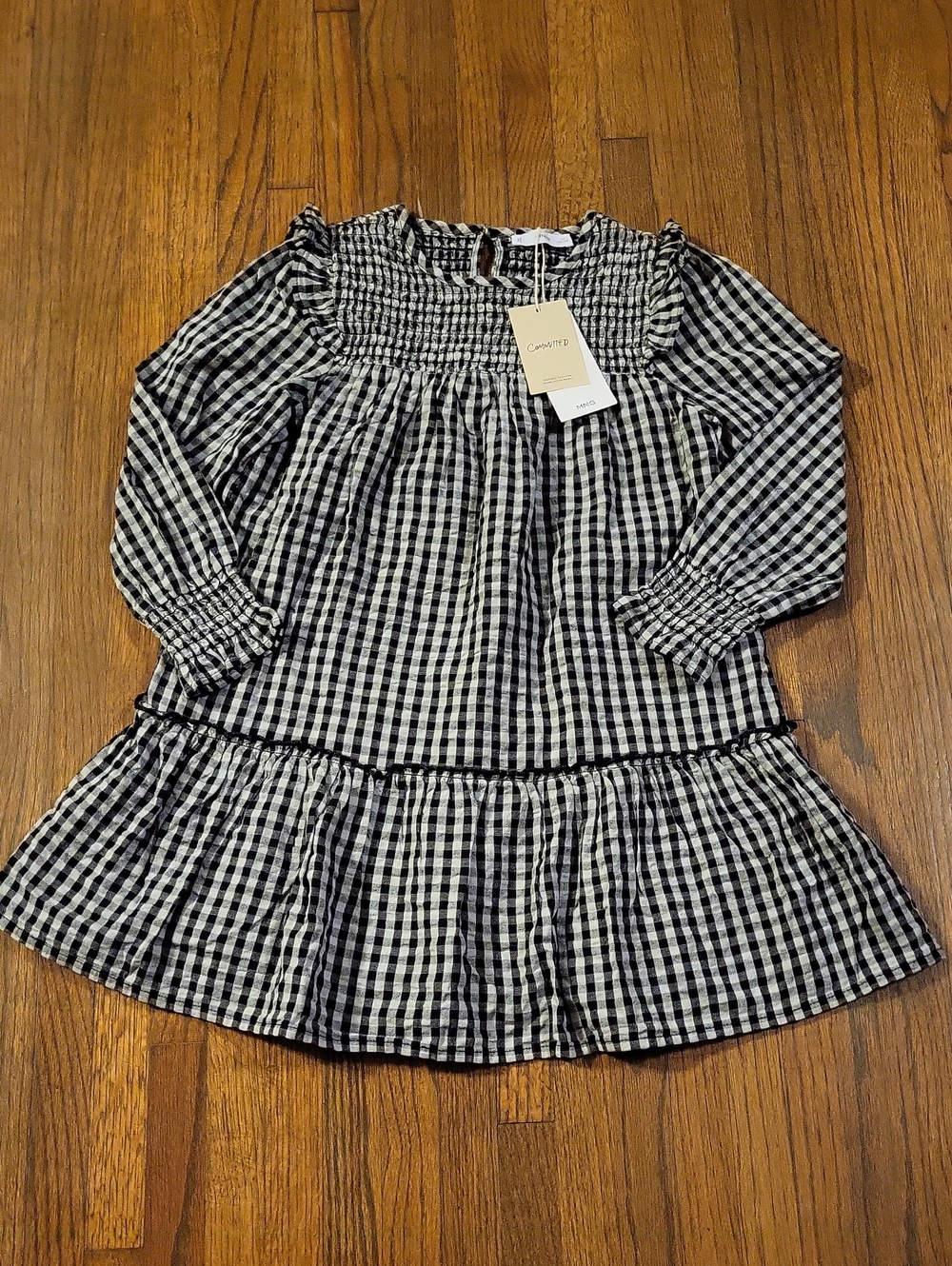 Mango Black & White Gingham Smocked Kids Dress